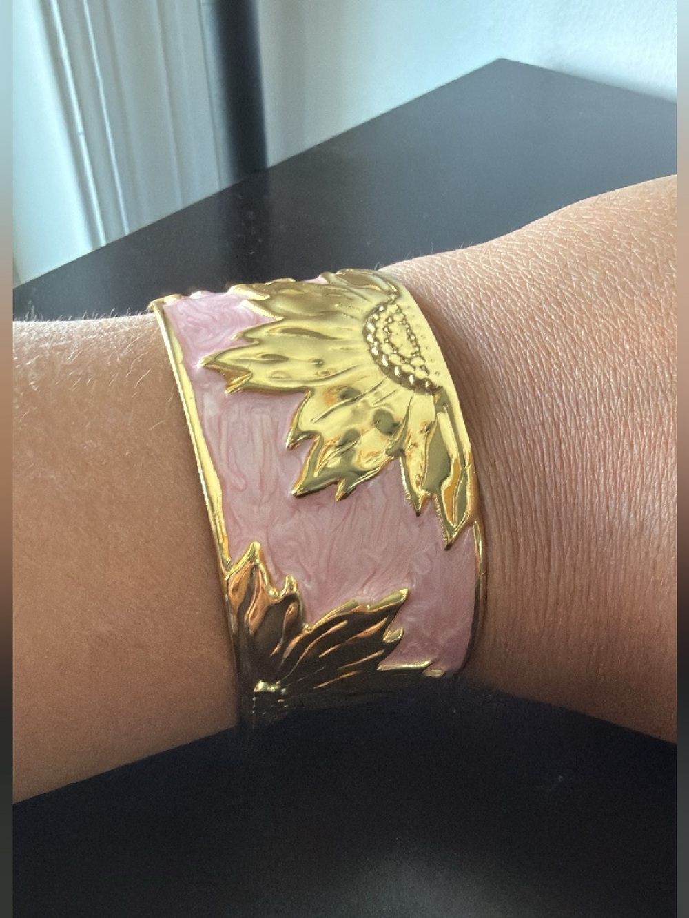 Gold Sunflower Cuff Bracelet - Pink Enamel